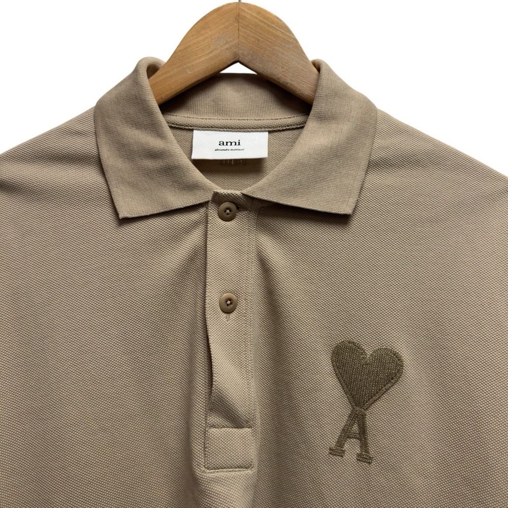 Alexandre Mattiussi Ami Mens Medium Khaki Pique Cotton Embroidered Heat Polo euc
